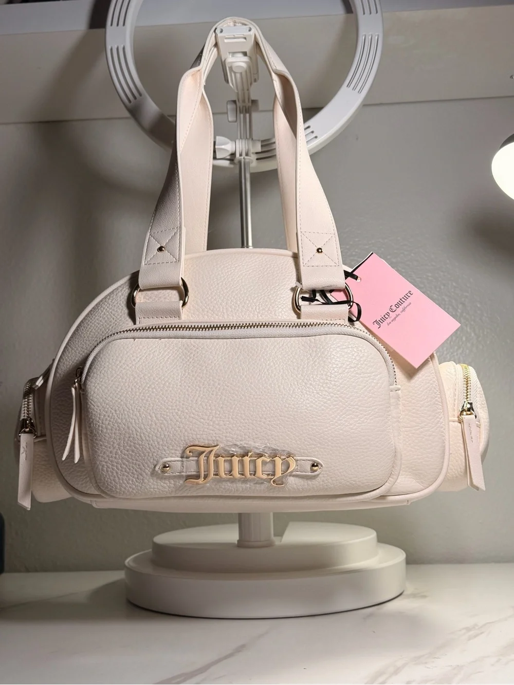 Juicy Couture Cream Pebbled Leather Shoulder Bag with Logo Plaque